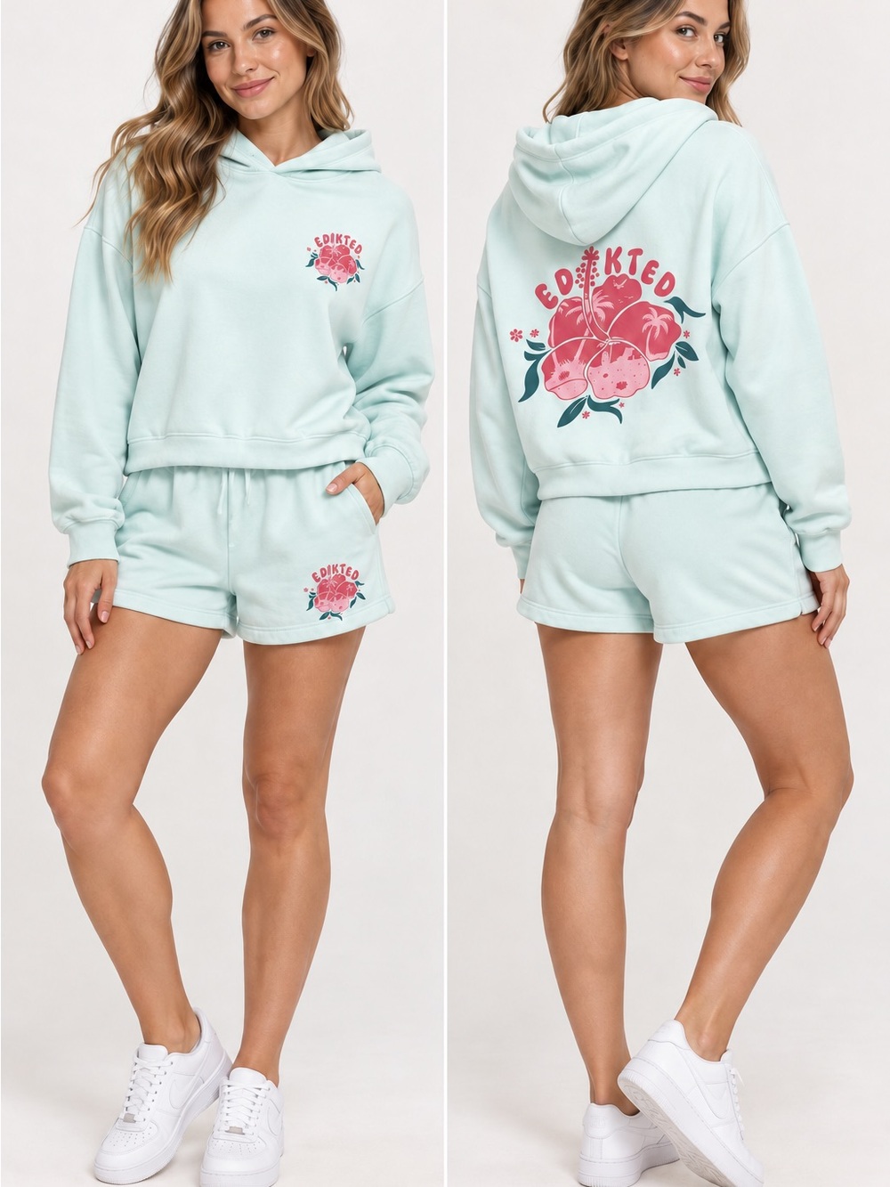 Edikted “Beach Bloom” Hoodie and shorts 2-piece SET
